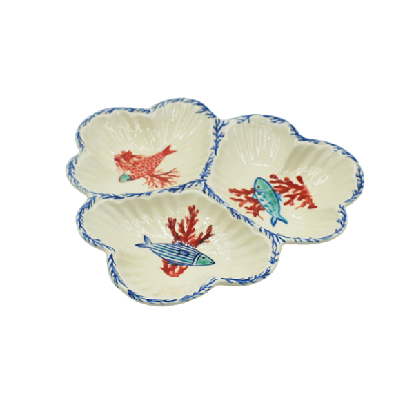 Petisqueira 3 conchas com pintura de peixes e corais