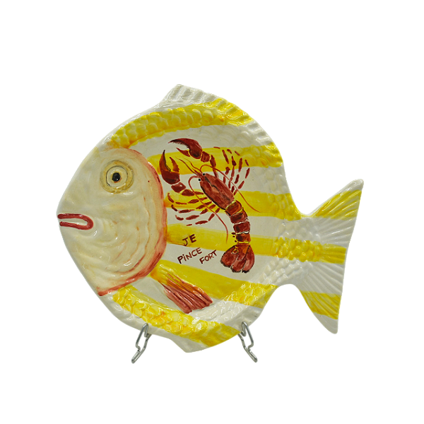 Prato raso peixe listrado amarelo com pintura de lagosta