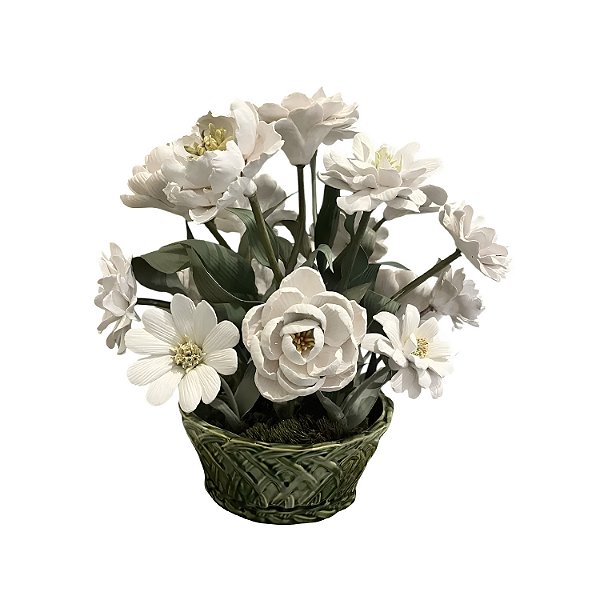 Cesta verde com rosas porcelana