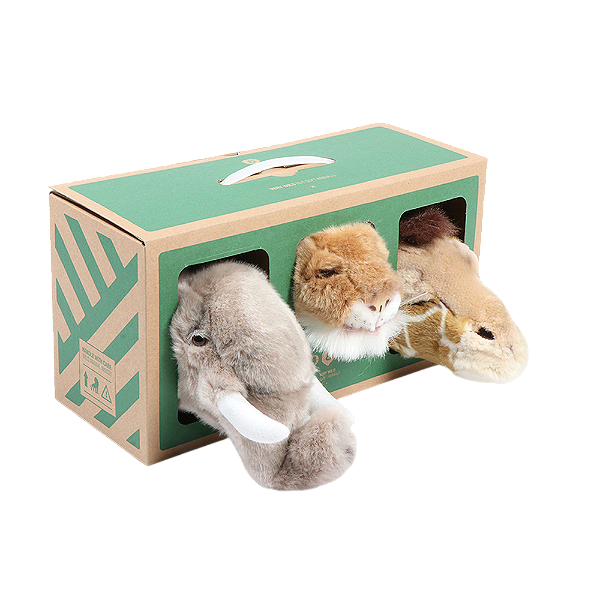 Kit 3 mini cabeças em pelúcia: leão, girafa e elefante