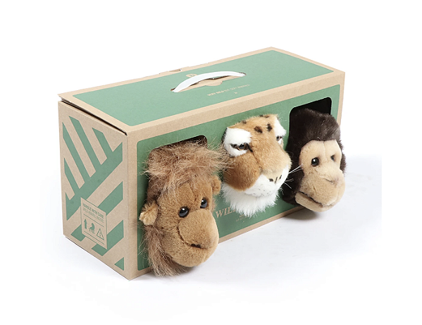 Kit 3 mini cabeças em pelúcia: tigre, orangotango e macaco