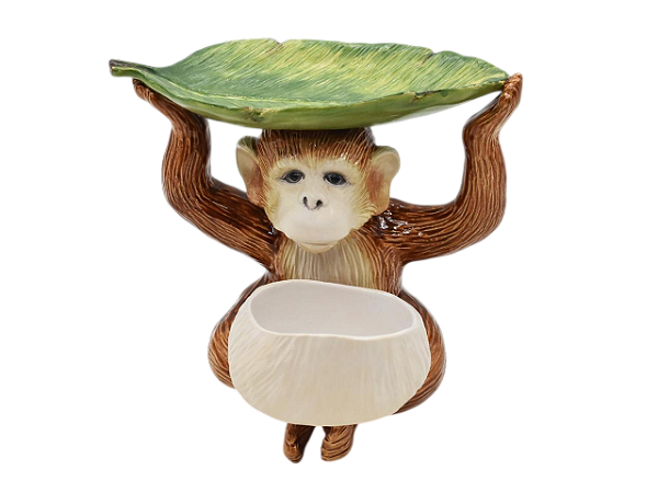 Macaco com bowl e folha na cabeça