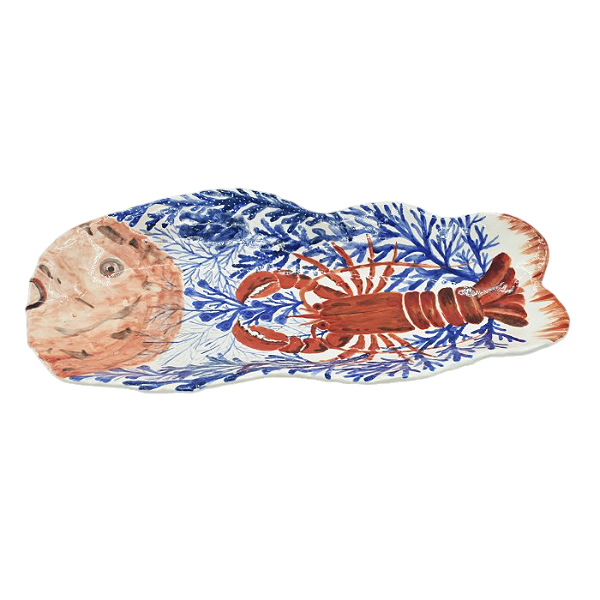 Bandeja/ travessa em formato de peixe com pintura de lagosta