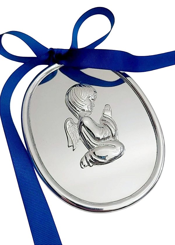 Placa de prata oval anjo em relevo