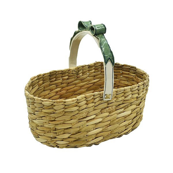 Cesta palha com alça de cerâmica laço verde