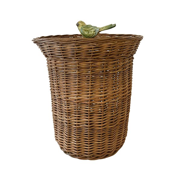 Lixeira vime natural com pássaro verde