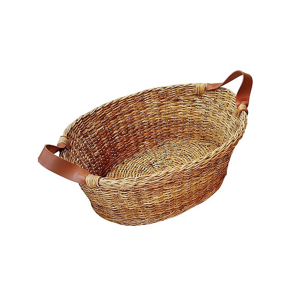Cesta oval de junco com alças de couro (56 cm)