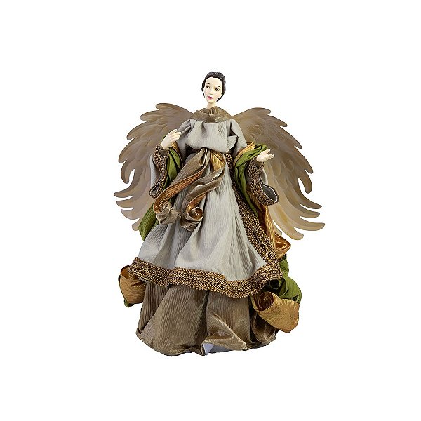 Anjo com vestido cinza, dourado e asas
