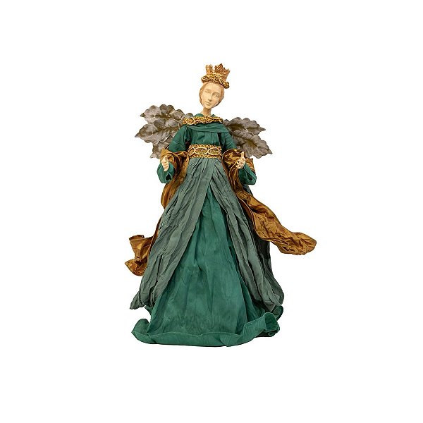 Anjo com coroa, asas e vestido verde e dourado