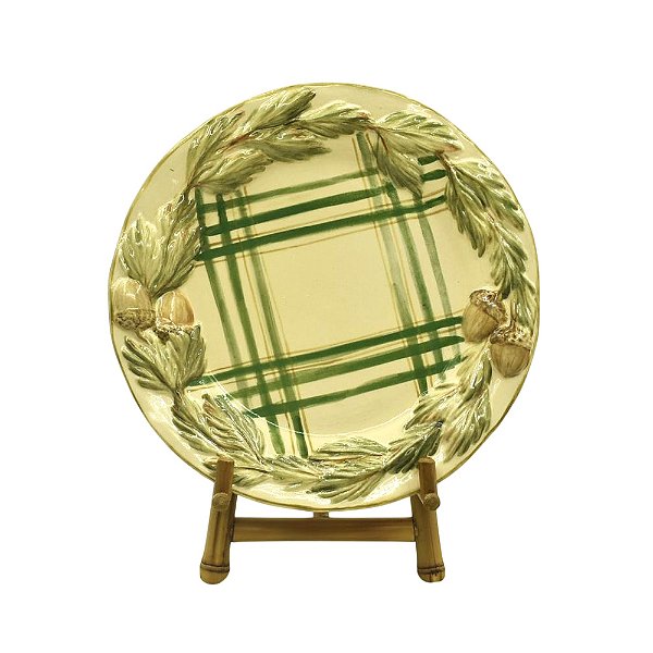 Prato sobremesa xadrez verde com relevo de pinhas