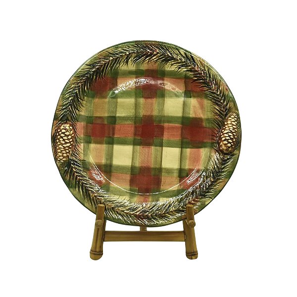 Prato sobremesa xadrez verde e vermelho com relevo de pinhas