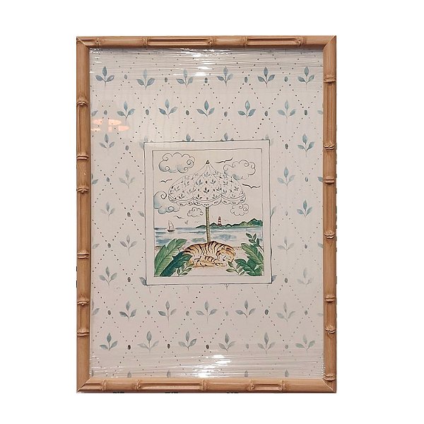 Quadro gravura de guarda-sol com onça