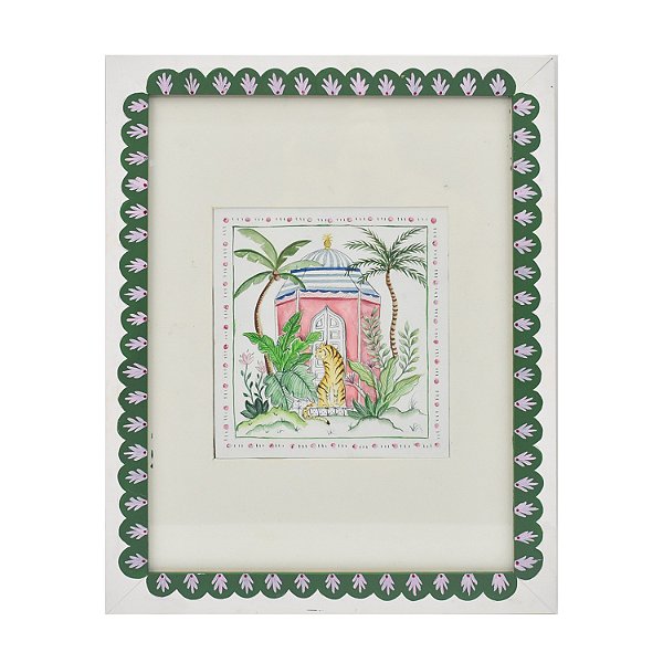 Quadro aquarela tigre com coqueiro e palmeira