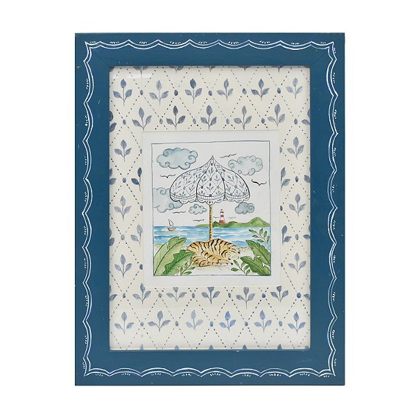 Quadro aquarela tigre com guarda-sol e moldura azul