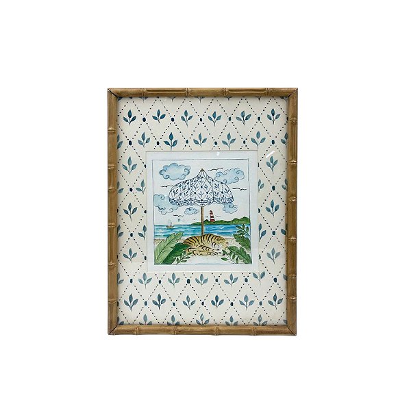 Quadro aquarela tigre com guarda-sol