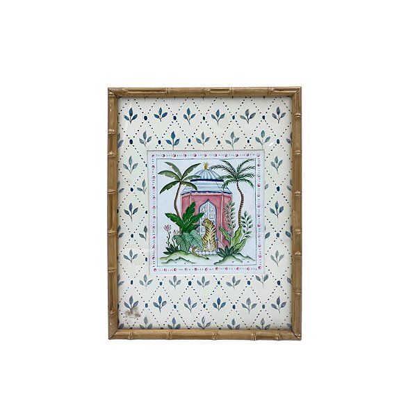 Quadro aquarela tigre com palmeira e coqueiro