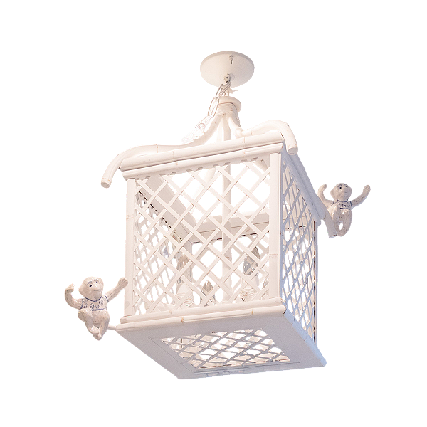 Lustre gaiola treliça P branca com macaquinhos