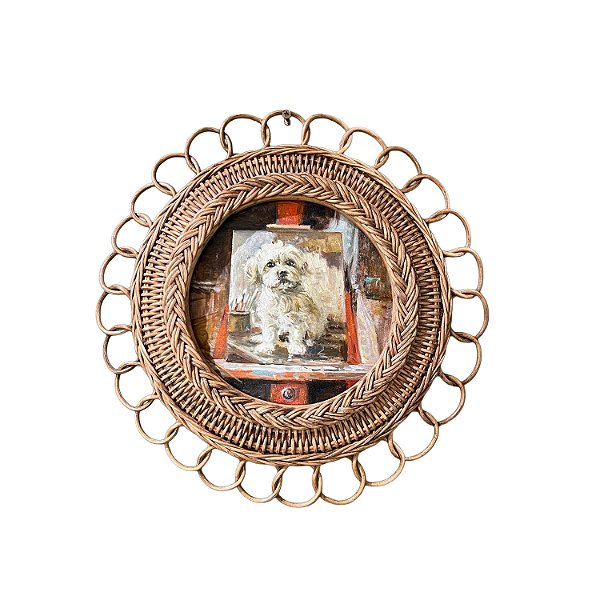 Quadro cachorro maltês moldura junco redonda
