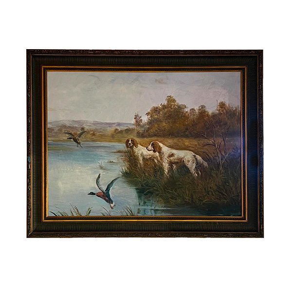 Quadro dois cachorros com patos no lago