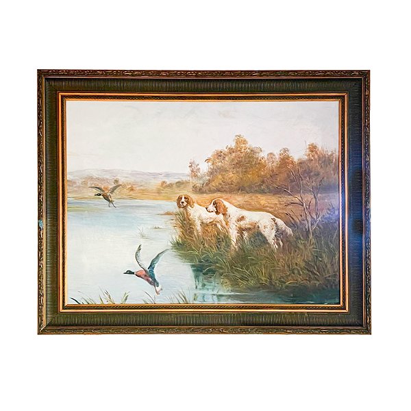 Quadro dois cachorros com patos no lago