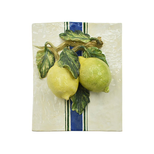 Placa com listras azuis e apliques de limões sicilianos