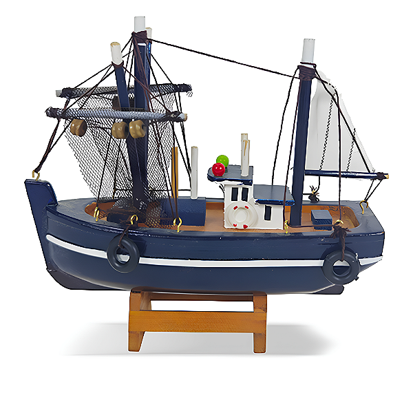 Barco pescador decorativo em madeira azul e branco