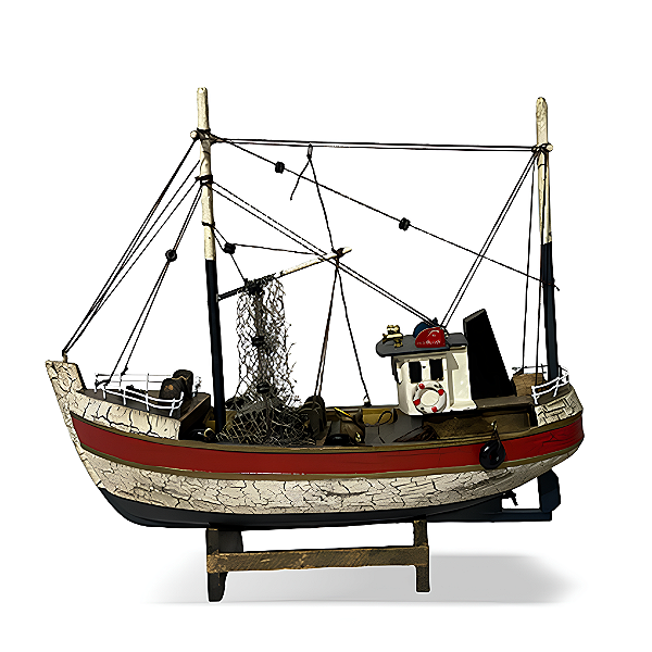 Barco pescador decorativo em madeira vermelho e branco