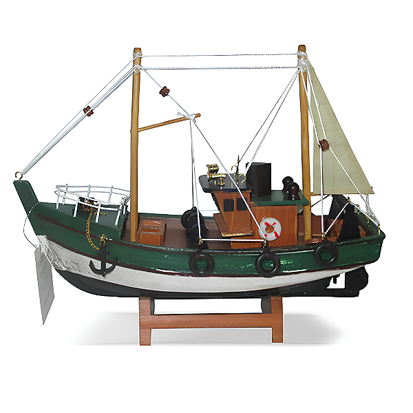 Barco pescador decorativo em madeira verde e branco