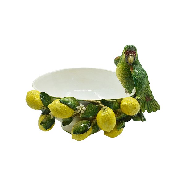 Cachepot G branco com aplique de limões e papagaio