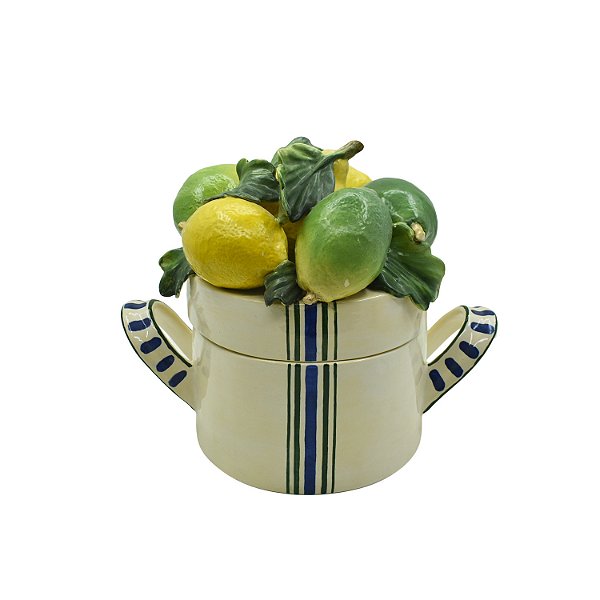 Caixa redonda com listras e tampa com aplique limão siciliano