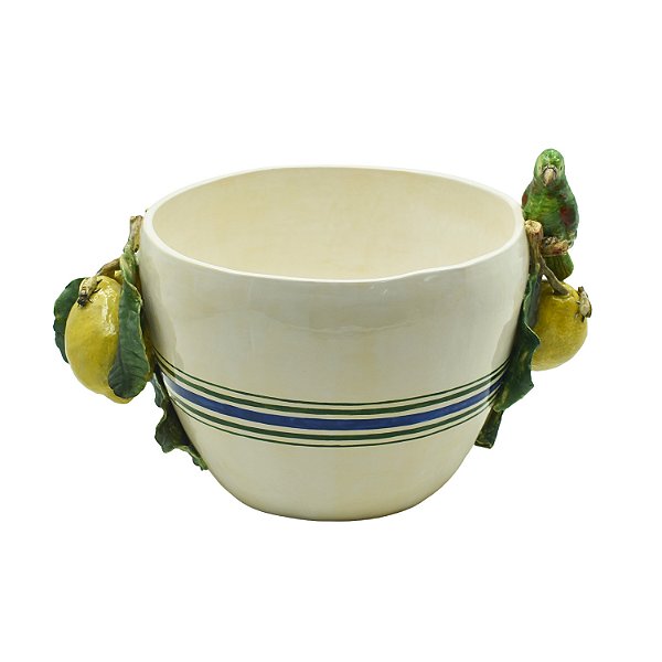 Cachepot garrafão com listras azuis, limões e pássaro Inês