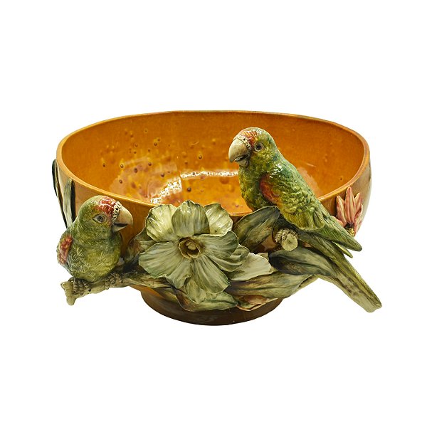 Cachepot mostarda com aplicação de flores e pássaros