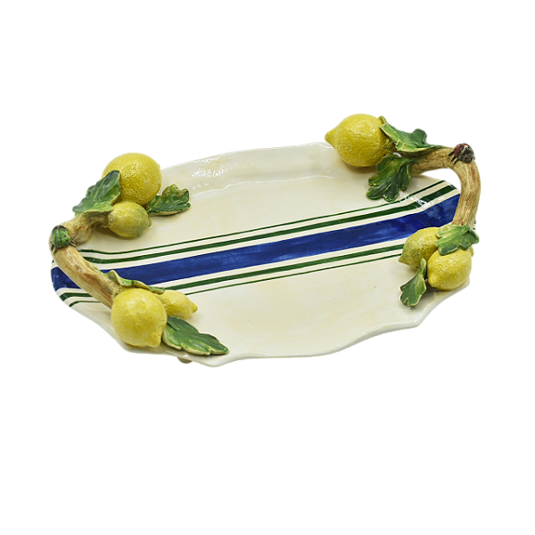Bandeja Maria P listra azul com limões e alça de galho