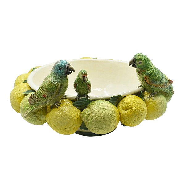 Cachepot com limões e papagaios na borda