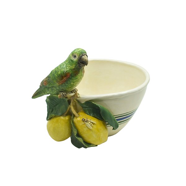 Cachepot com listra azul e aplique de papagaio e limões