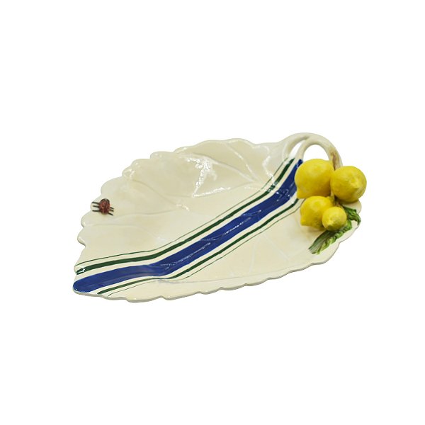 Petisqueira folha funda P com aplique de limões e listra azul