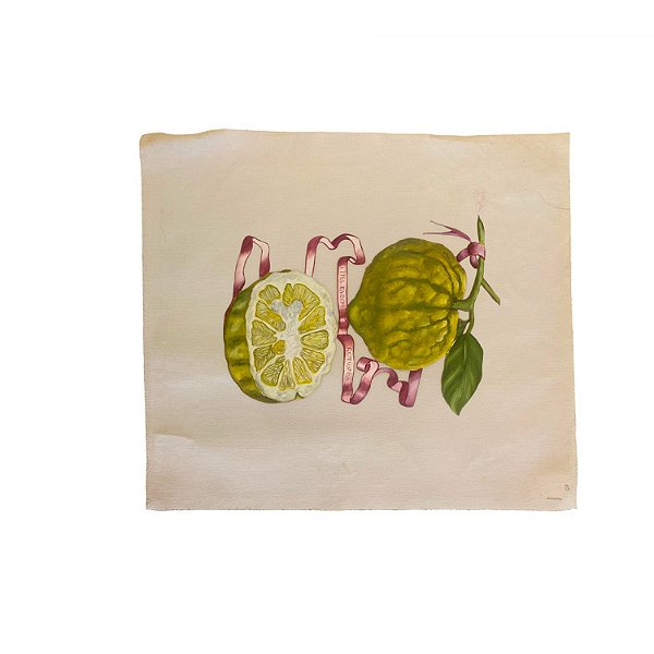 Mini lona com pintura de limão grande, metade e com fita vermelha