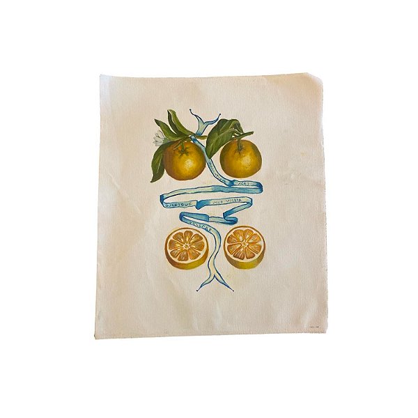 Mini lona com pintura de de dois limões, duas metades e fita azul