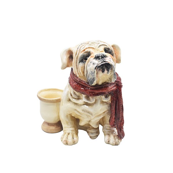 Enfeite cachorro bulldog inglês sentado com vasinho