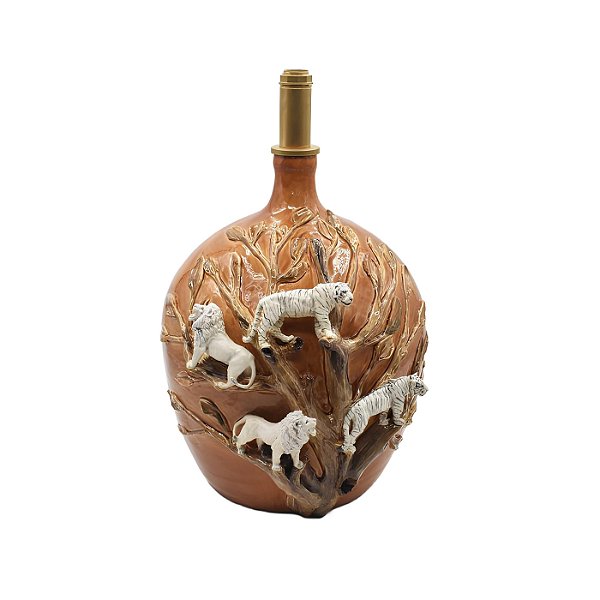 Base abajur garrafão terracota com tigres, leões e folhas