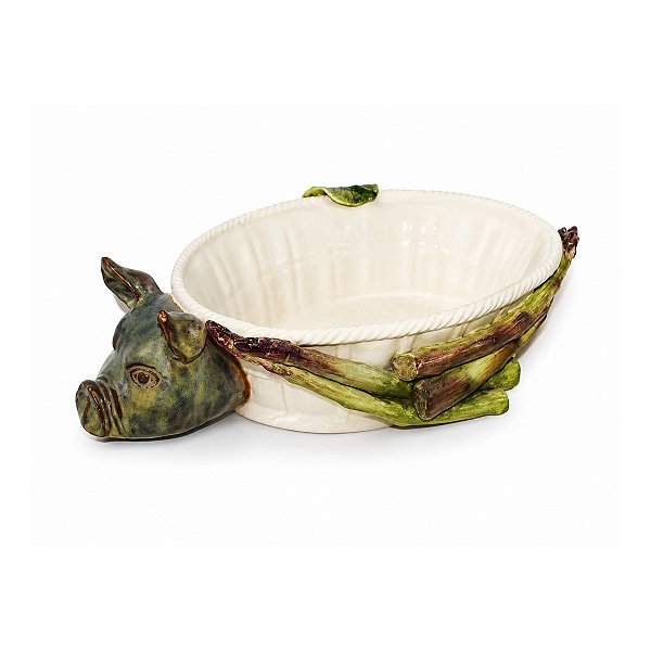 Travessa/ cesto oval funda com com aplique de porco e legumes