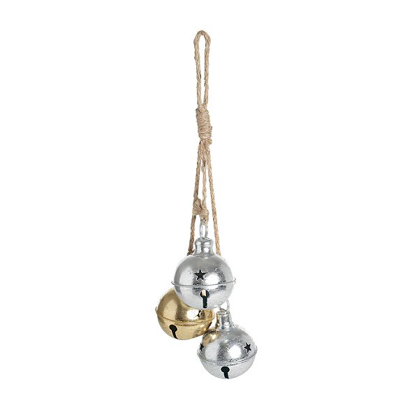 Enfeite Natal para pendurar Guizos em metal dourado e prata