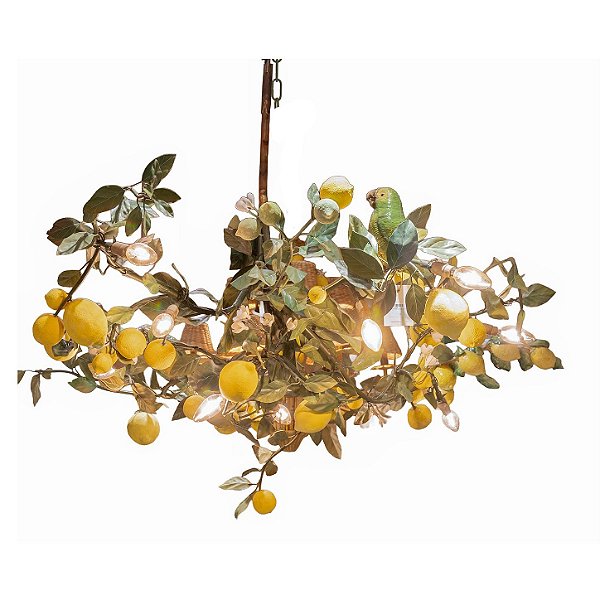 Lustre Capri limões sicilianos, flores, pássaros e folhas em cobre