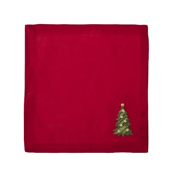 Jogo 6 guardanapos vermelhos com bordado de árvore Natal