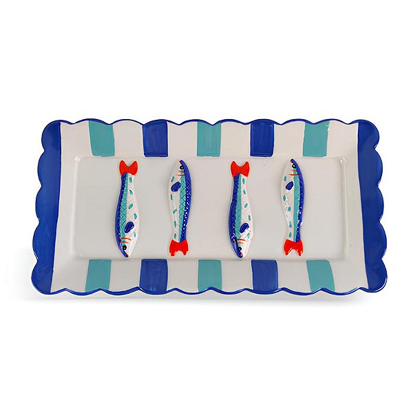 Bandeja sardinha com borda ondulada e listras azuis (24 cm)