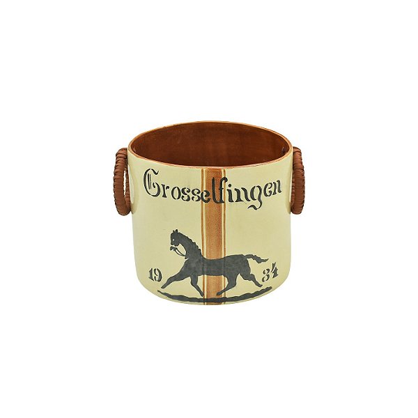 Mini vaso bege com pintura cavalo e argolas couro