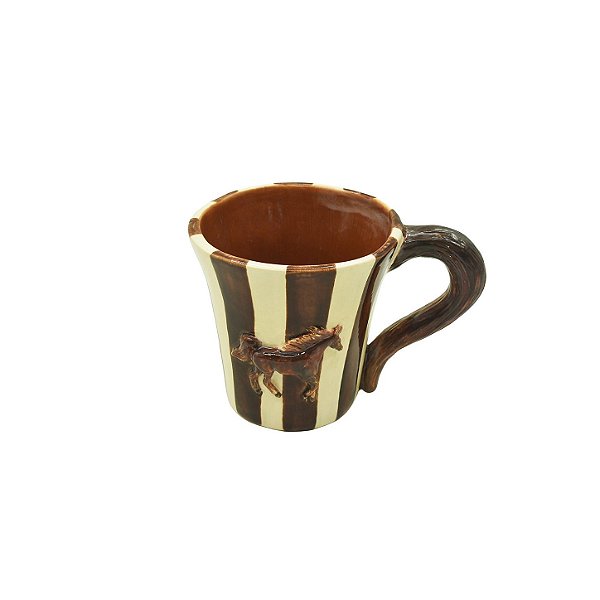 Caneca com listras marrom escuro e aplique de cavalo