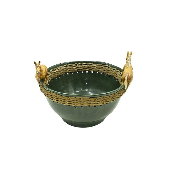 Cachepot Shabby P verde musgo com apliques de cavalos