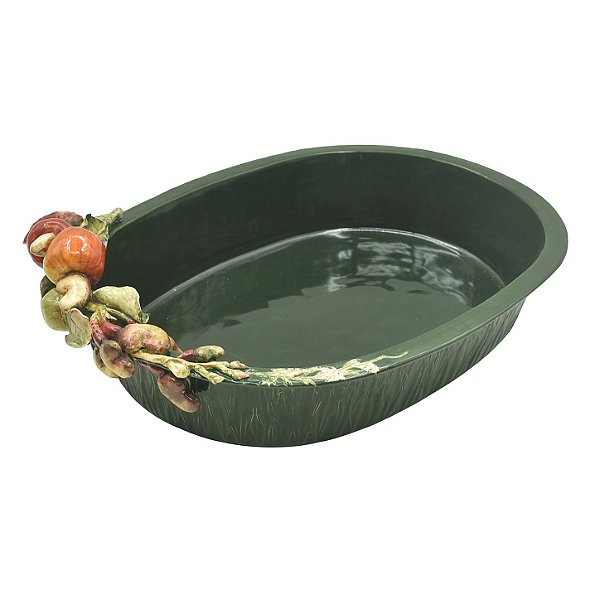 Travessa oval verde escuro com apliques de cajus