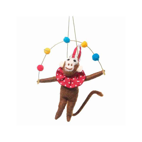 Enfeite Natal macaco malabarista para pendurar